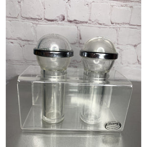 Vintage Retro Clear Lucite Acrylic Salt & Pepper w/Caddy MCM Deco
