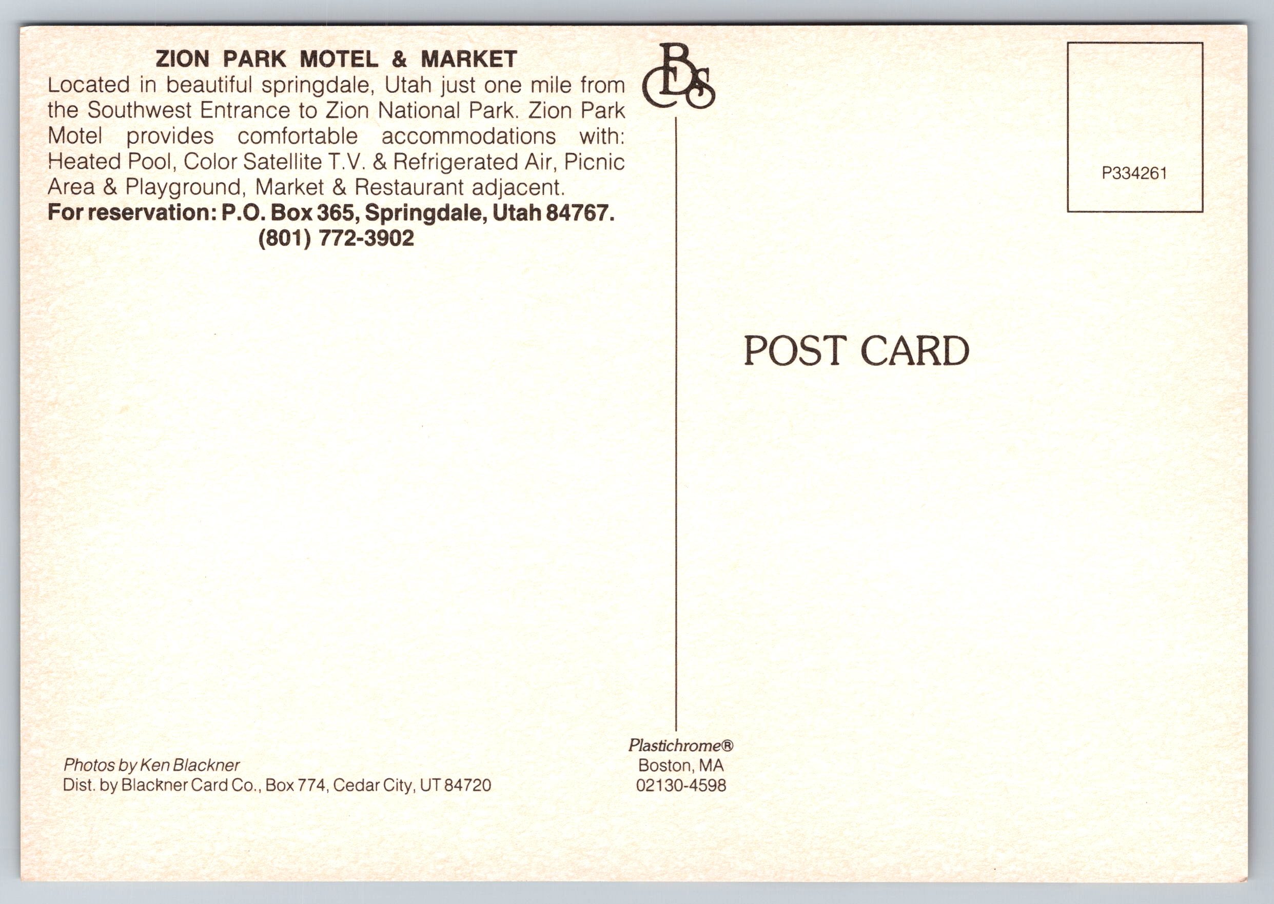 Zion Park Motel, Springdale, Utah, Vintage Post Card