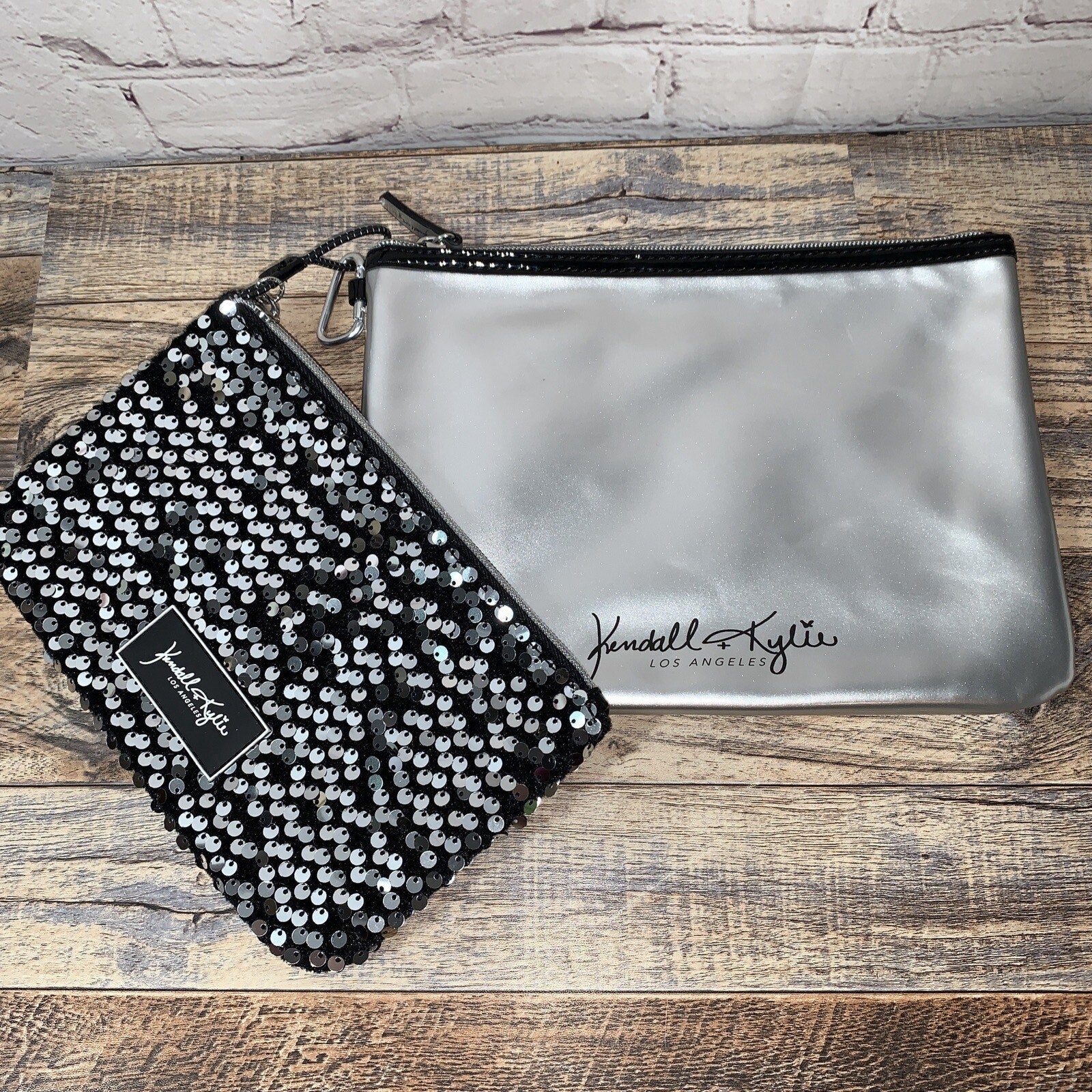 Kendall + Kylie Envelope Clutch Cosmetic Zip Pouch Gift Pack Silver Black Sequin