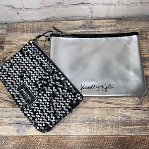 Kendall + Kylie Envelope Clutch Cosmetic Zip Pouch Gift Pack Silver Black Sequin