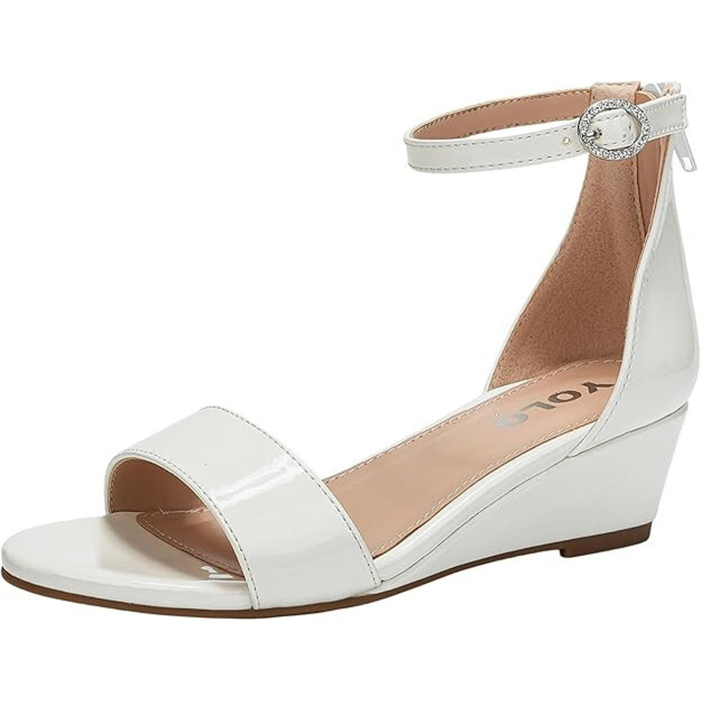 Girls Wedge Heel, Open Toe, Ankle Buckle Strap, Faux Patent Leather Dress Sandal