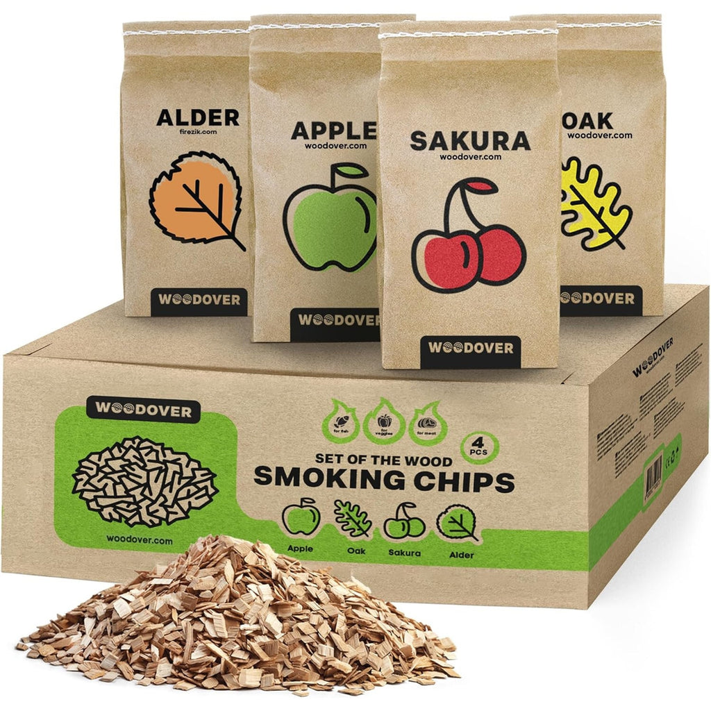 Smoking Wood Chips -Apple Cherry, Alder, Oak, Hickory Wood Chips-4 Pack 1 Lb ea