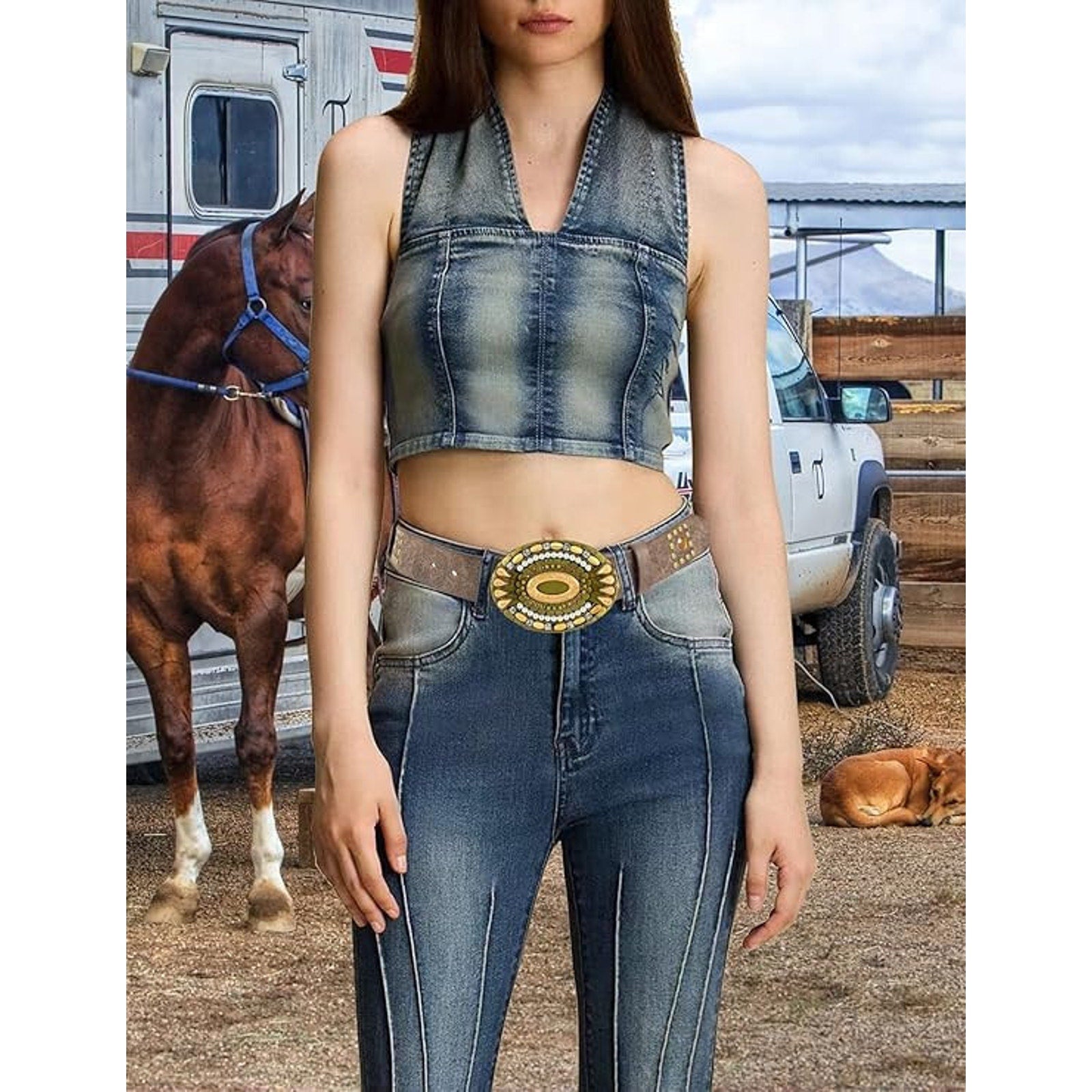 TOPACC Western Embossed Bohemian Belt, Embellished Buckle, Country, Rodeo