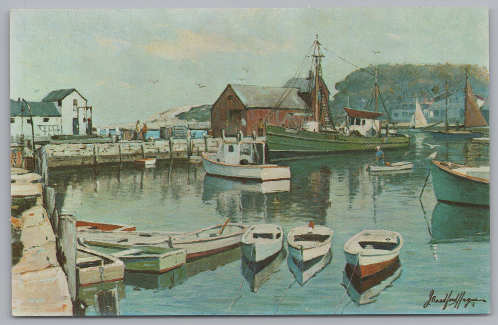 Painting of Rockport Harbor of Sandy Bay,  J Bradford Hague Vintage PC