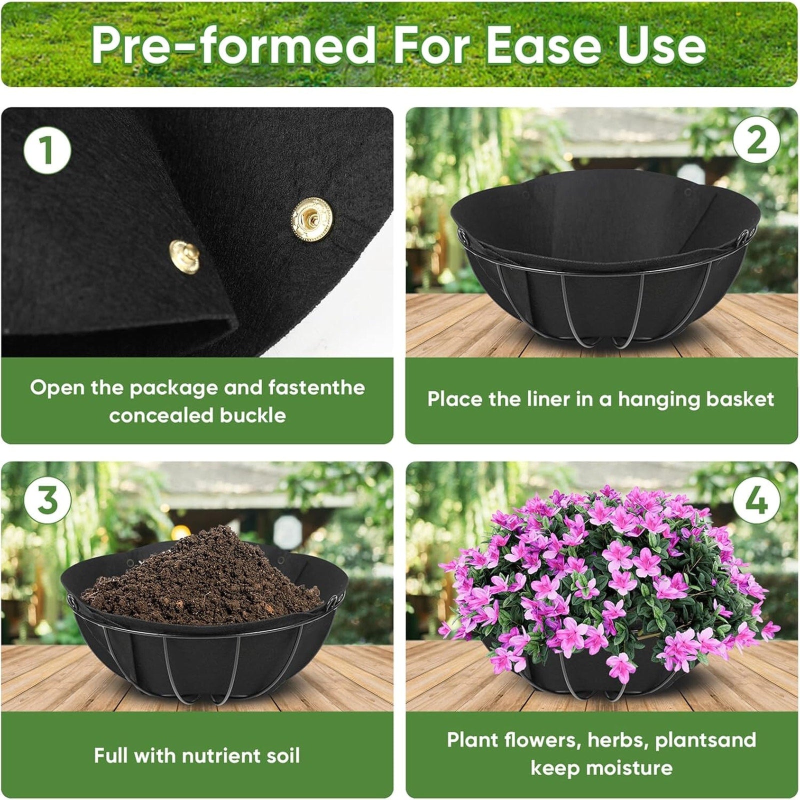 Hanging Planter Basket Liners 4 Pack 14" Round Fabric Liners w/Snaps Woven Black