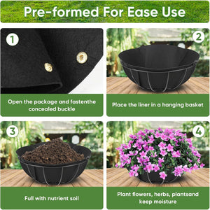 Hanging Planter Basket Liners 4 Pack 14" Round Fabric Liners w/Snaps Woven Black