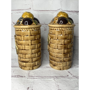 Vintage Pottery Stovetop Salt & Pepper Shakers Basket Weave Fruit 1974