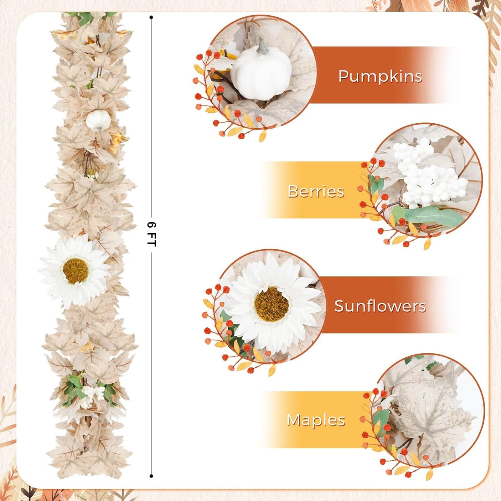 6FT Fall Garland With Artificial White Pumpkins, Berries, Sunflowers and Leaves