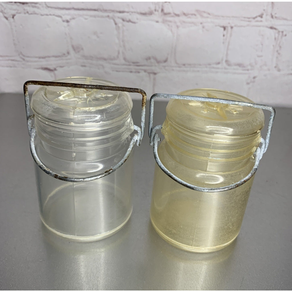 Vintage Wire Bale Clear Plastic Canister Salt & Pepper Shakers Hong Kong