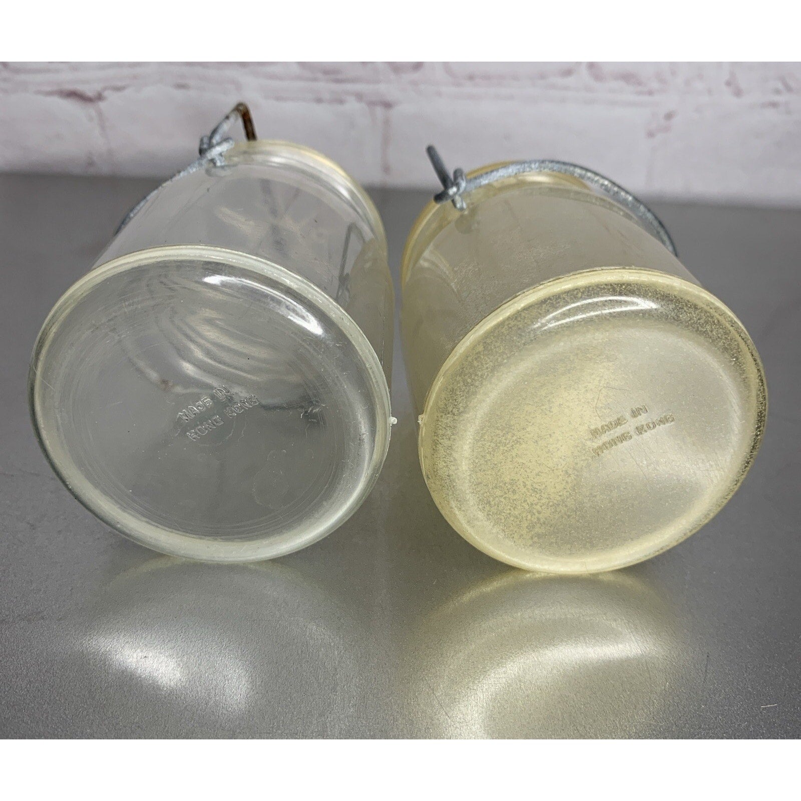 Vintage Wire Bale Clear Plastic Canister Salt & Pepper Shakers Hong Kong