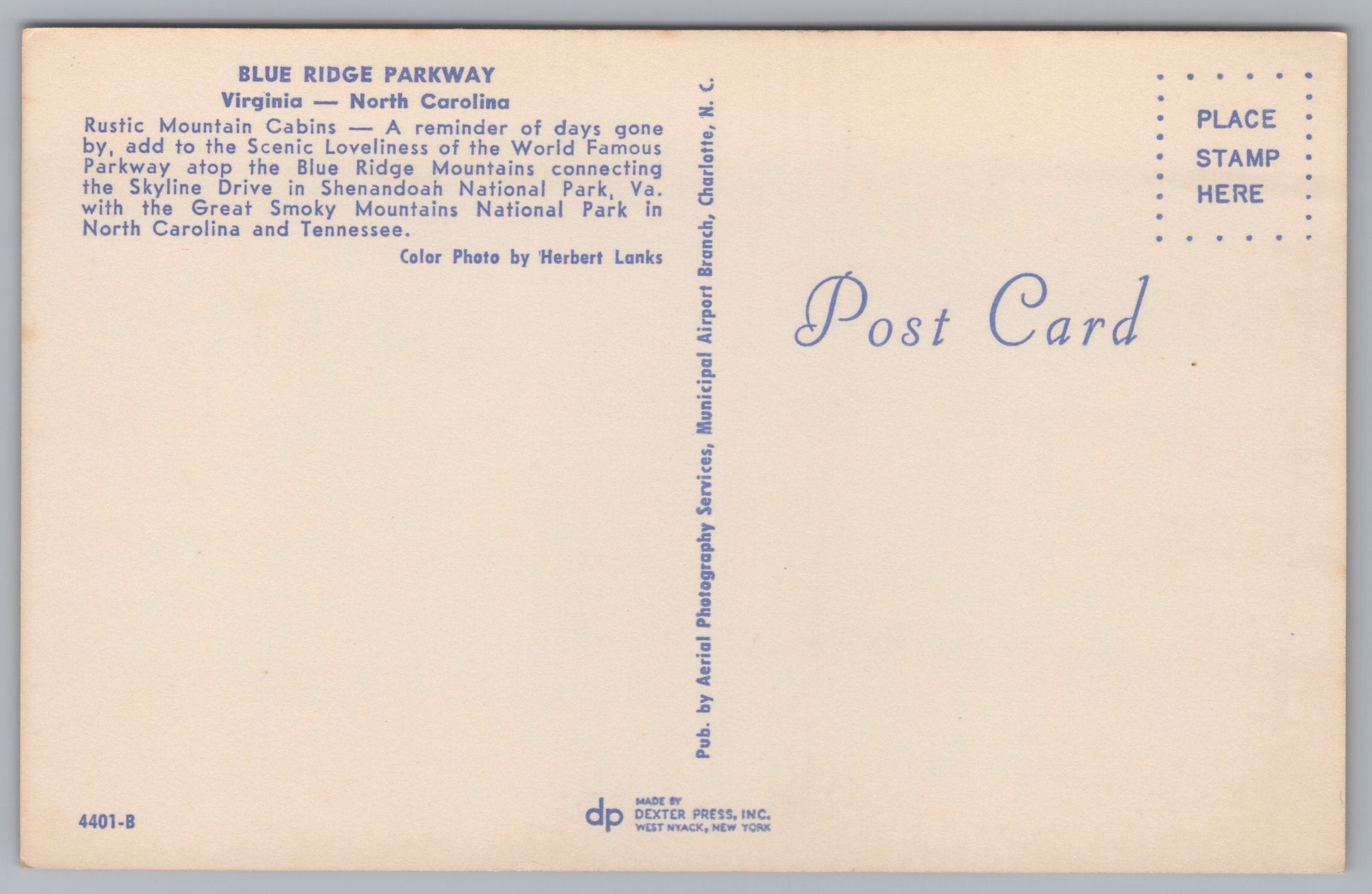Blue Ridge Parkway, Virginia, North Carolina, USA, Vintage Post Card