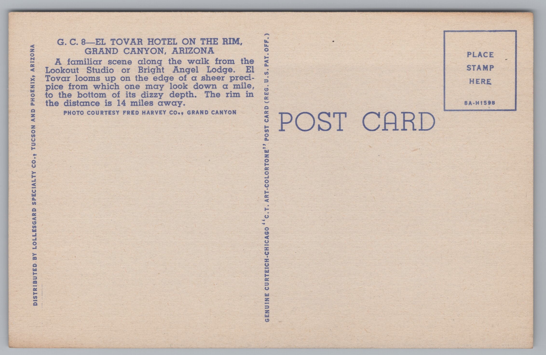 El Tovar Hotel On The Rim, Grand Canyon, Arizona, Vintage Post Card.