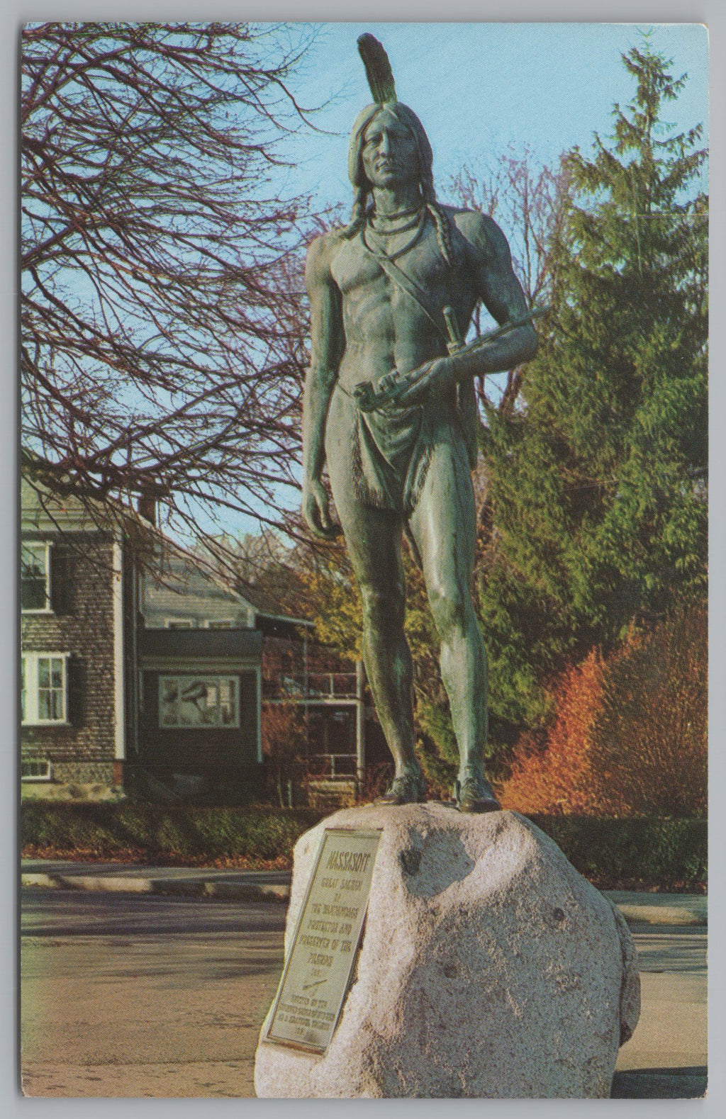 The Statue Of Indian Chief Massasoit, Pilgrims Ally, Plymouth Rock, Massachusetts, VTG PC