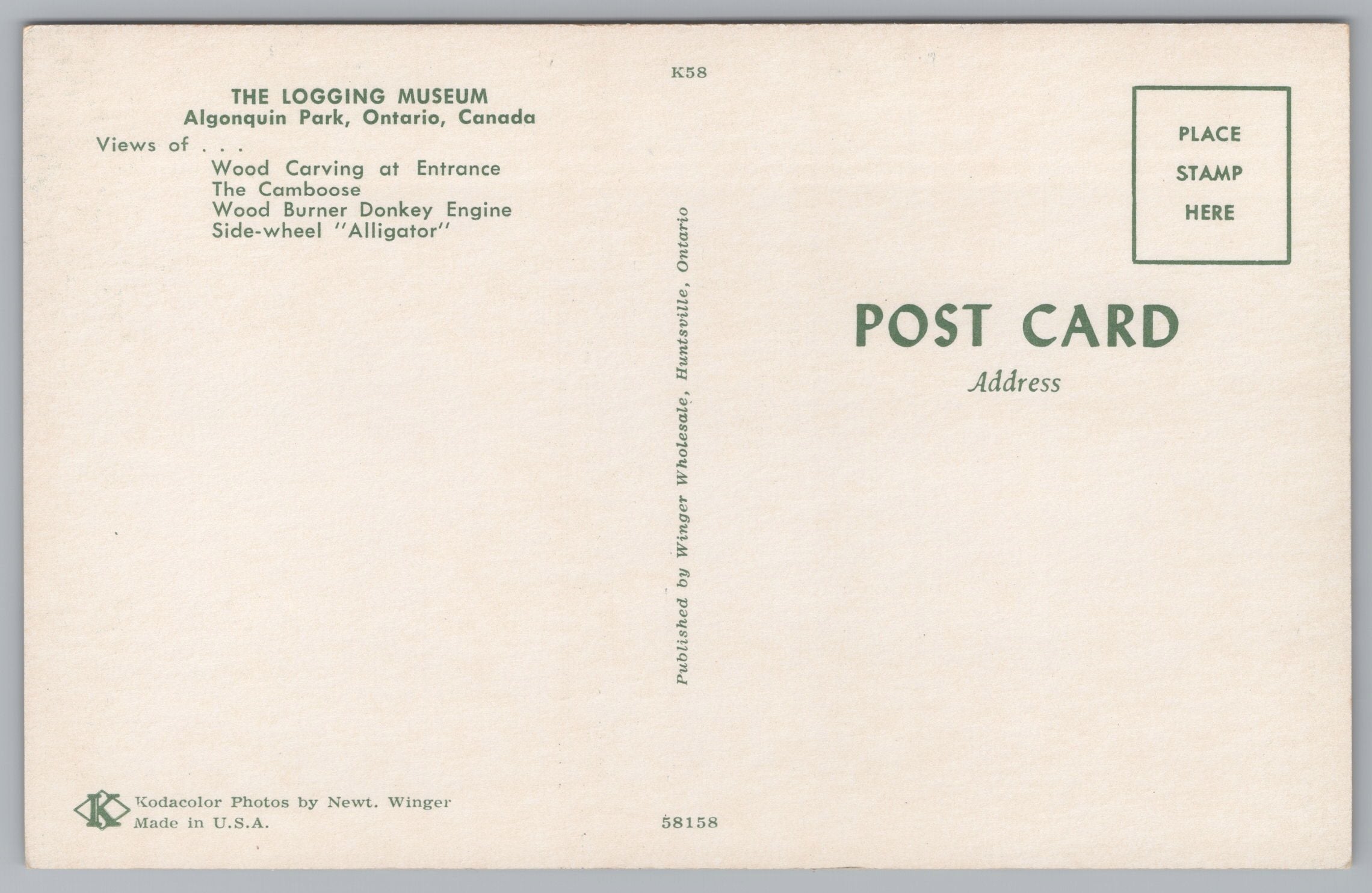 The Logging Museum, Algonguin Park, Ontario, Canada, Vintage Post Card.