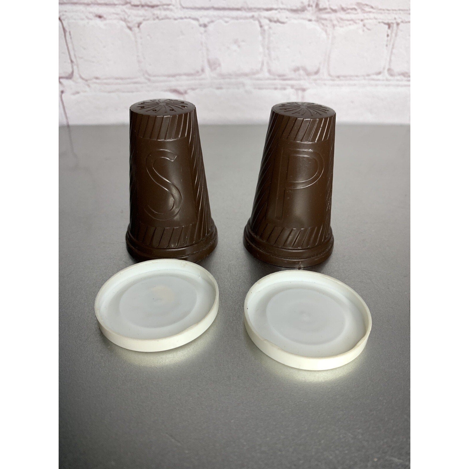 Vintage MCM Plastic Melamine Brown White Salt & Pepper Shakers