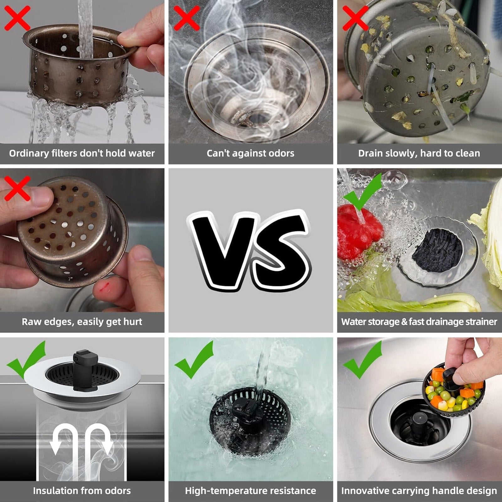 Universal 3 in 1 Kitchen Sink Drain Strainer with Sink Stopper, Chrome Stainless