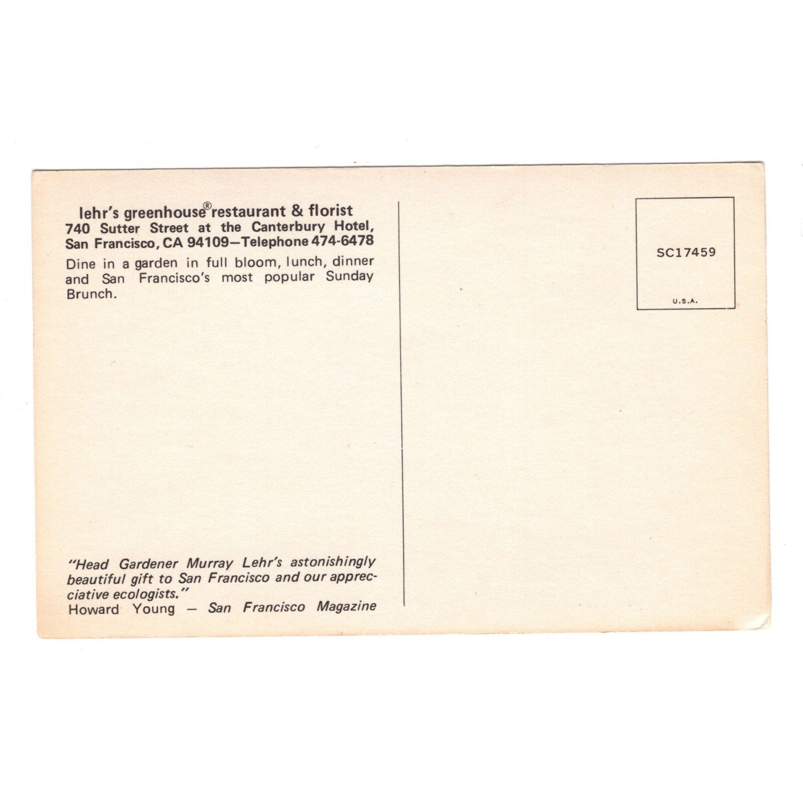 Lehr’s Greenhouse Restaurant & Florist, San Francisco CA Vintage PC