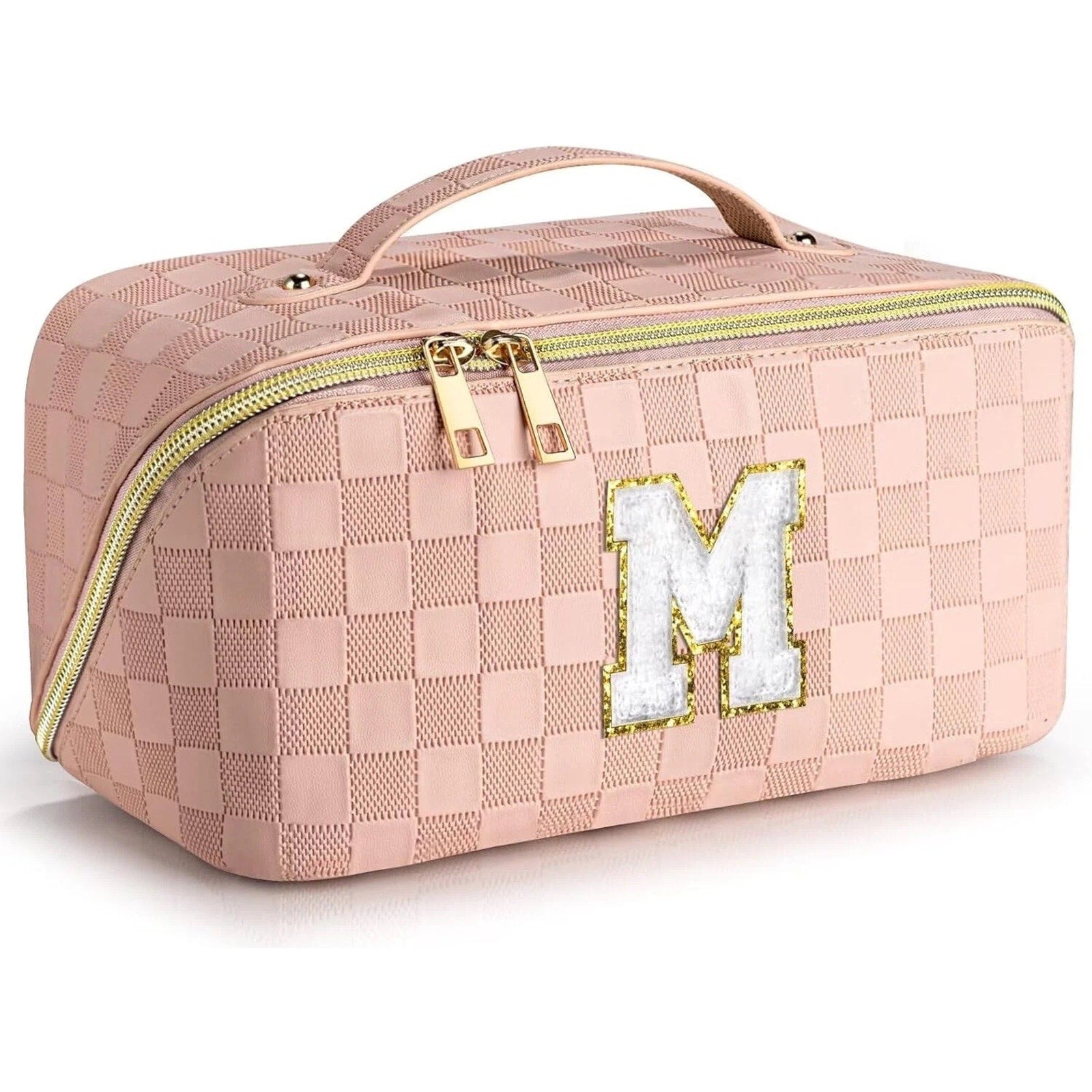 Personalized Initial M Makeup Cosmetic Bag, Large, Opens Flat Waterproof Pink
