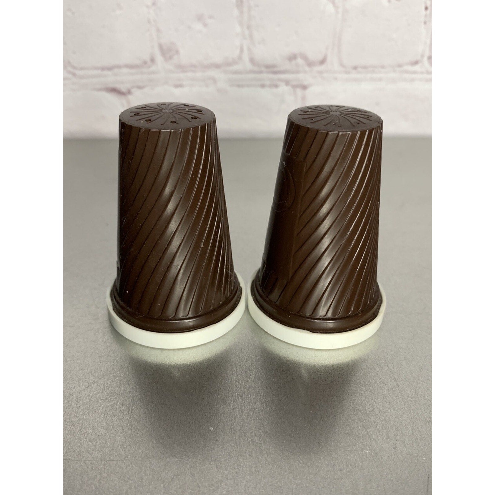 Vintage MCM Plastic Melamine Brown White Salt & Pepper Shakers