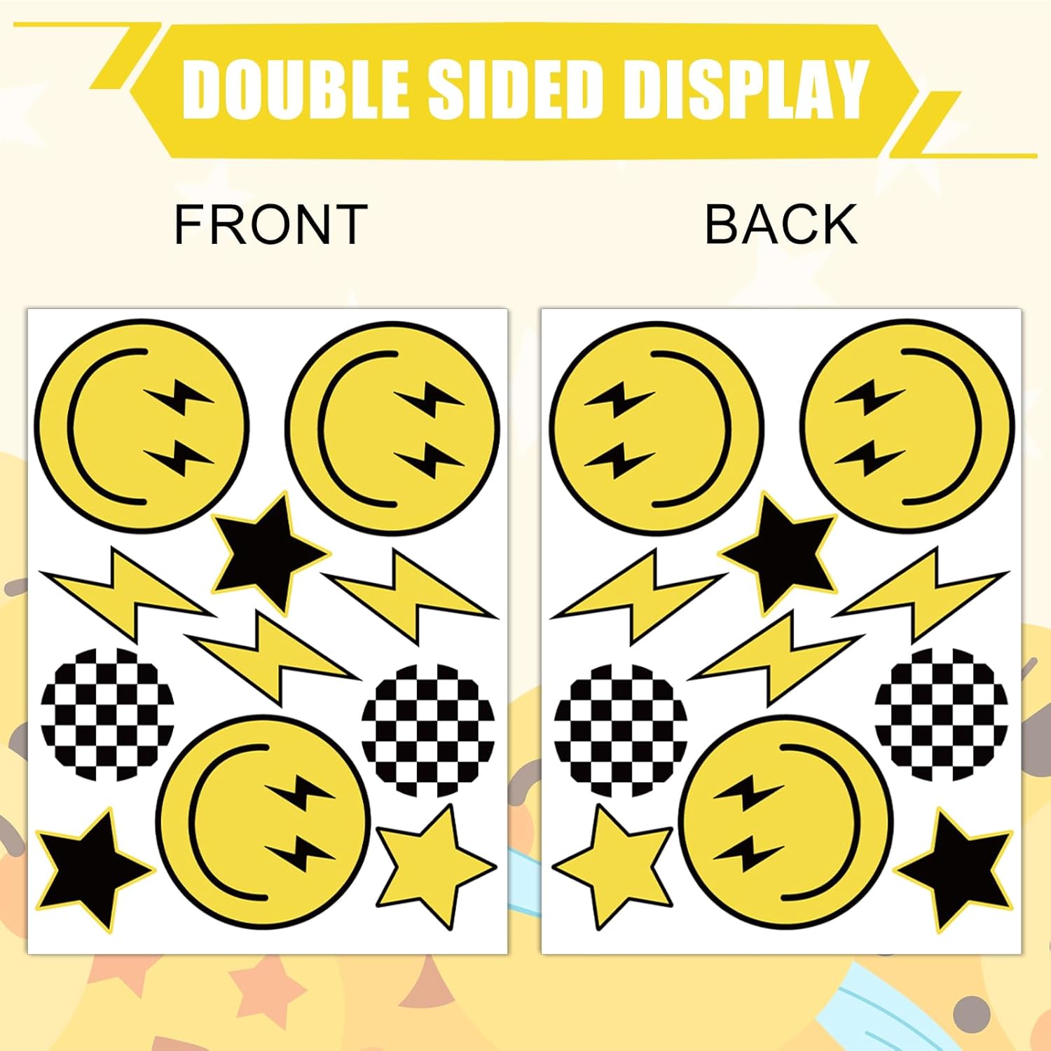 Smile Face Window Clings Black Yellow Lightning Star Checkered Dot Window Stickers Double-Side Glass Decals