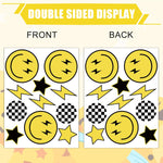 Smile Face Window Clings Black Yellow Lightning Star Checkered Dot Window Stickers Double-Side Glass Decals