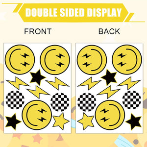 Smile Face Window Clings Black Yellow Lightning Star Checkered Dot Window Stickers Double-Side Glass Decals