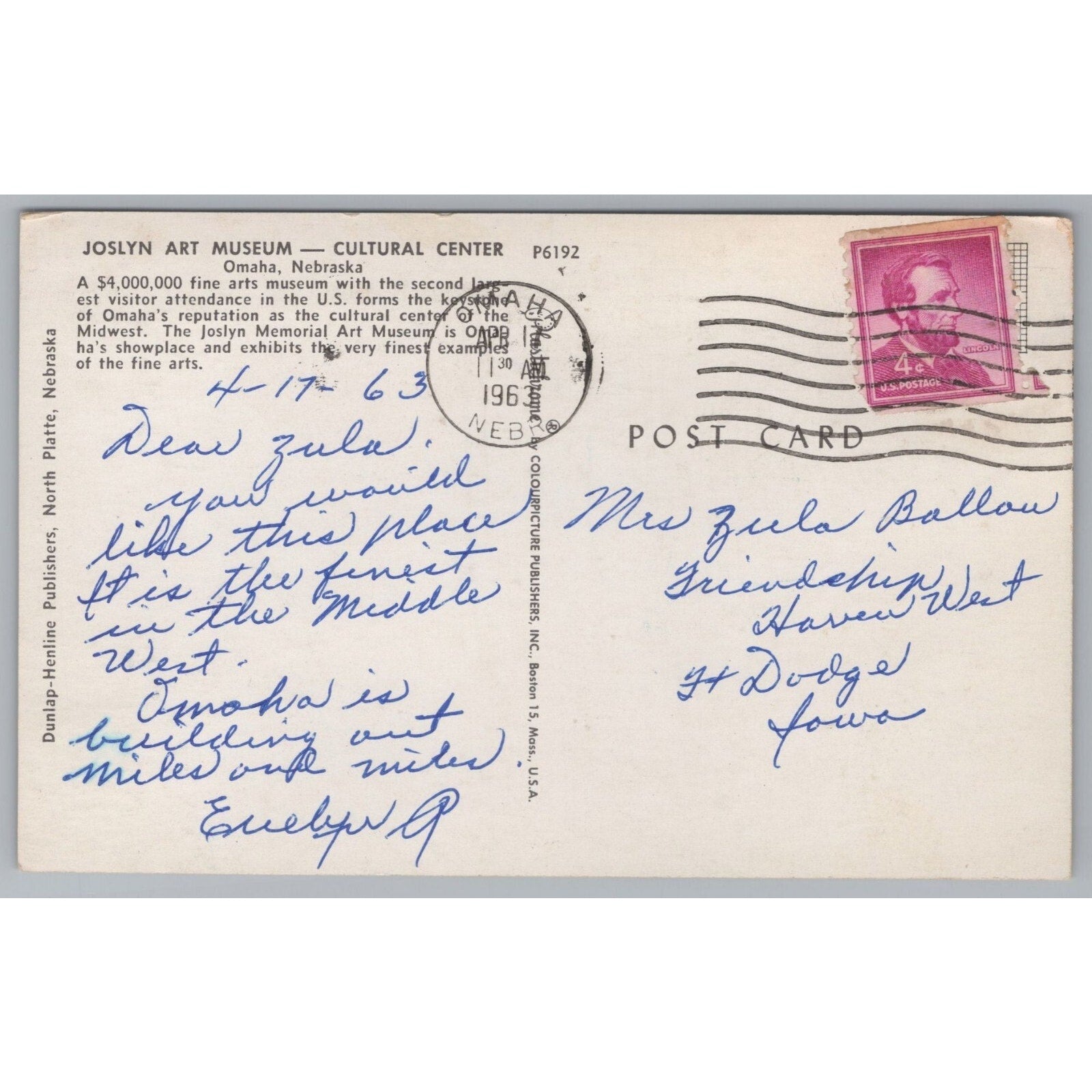Joslyn Art Museum, Cultural Center, Ohaha, Nebraska, Vintage Post Card.