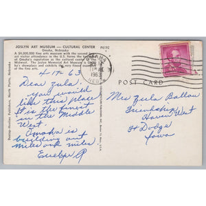 Joslyn Art Museum, Cultural Center, Ohaha, Nebraska, Vintage Post Card.