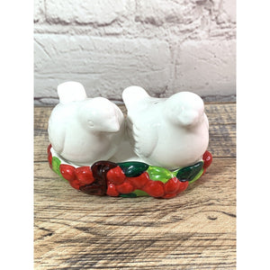 Vintage White Doves In Holly Berry Tray Salt & Pepper Shakers, Russ Berrie Co