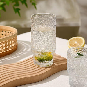 Retro Embossed Glass, Highball, Rock Glasses, Cold Beverages 8 Pack - 2 Sizes