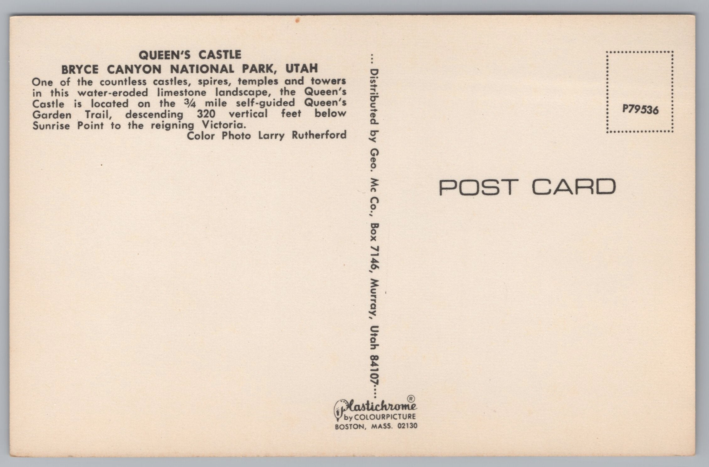 Queen’s Castle, Bryce National Park, Utah, USA, Vintage Post Card.