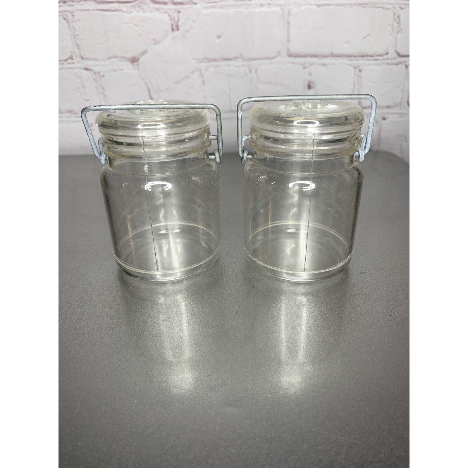 Vintage Wire Bale Clear Plastic Canister Salt & Pepper Shakers Hong Kong