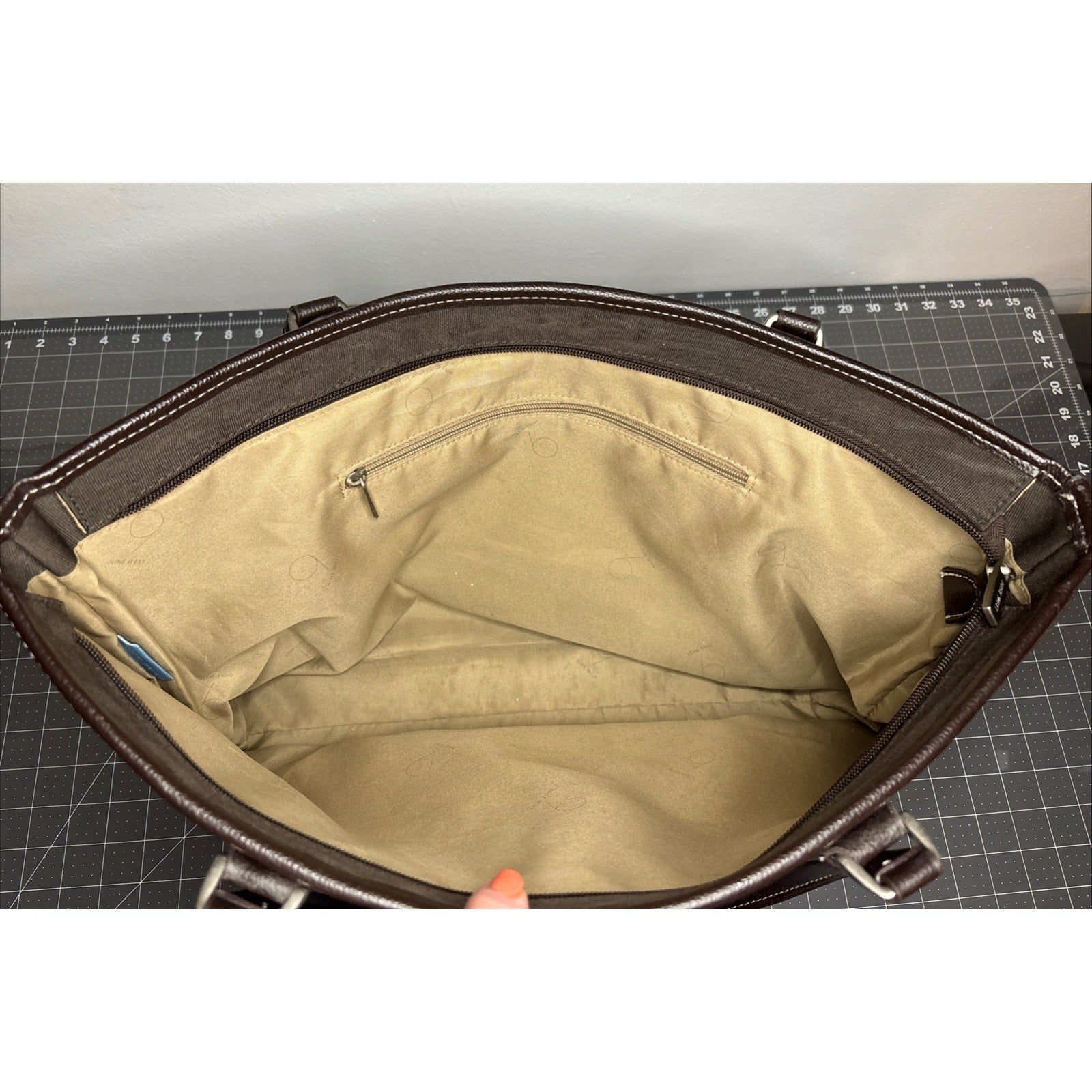 Vintage Nine West Canvas Brown/Beige Handbag Tote Bag Top Zipper