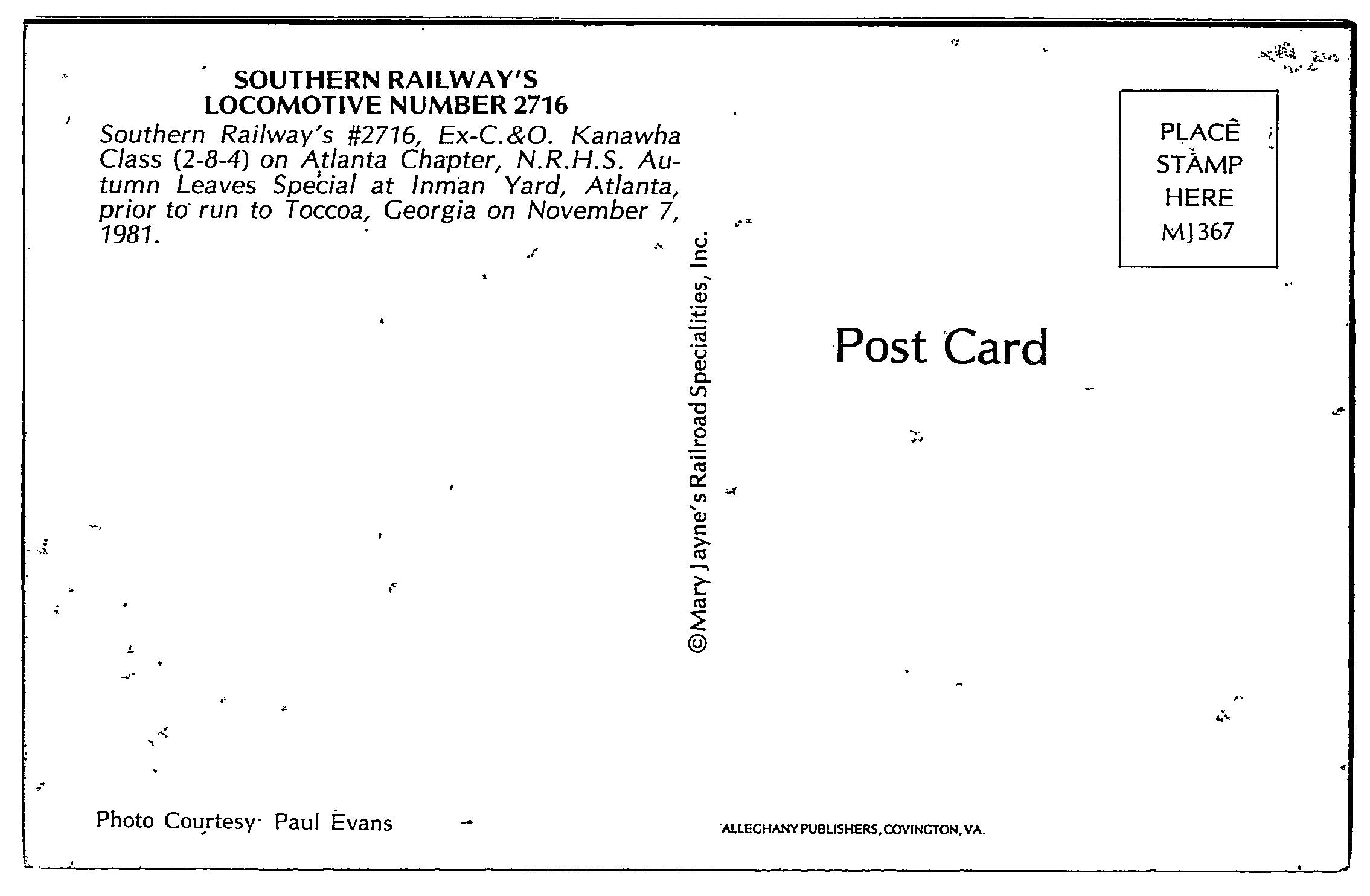 Southern Railways, Locomotive Number 2716, Vintage Post Card.