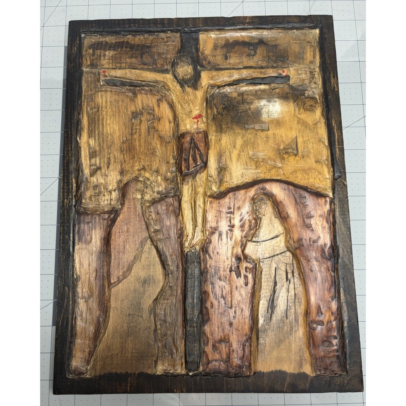 Rustic Carved Wood Art Decor Plaque Handmade Jesus Crucifixion Scene