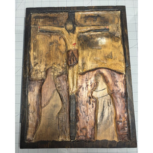 Rustic Carved Wood Art Decor Plaque Handmade Jesus Crucifixion Scene