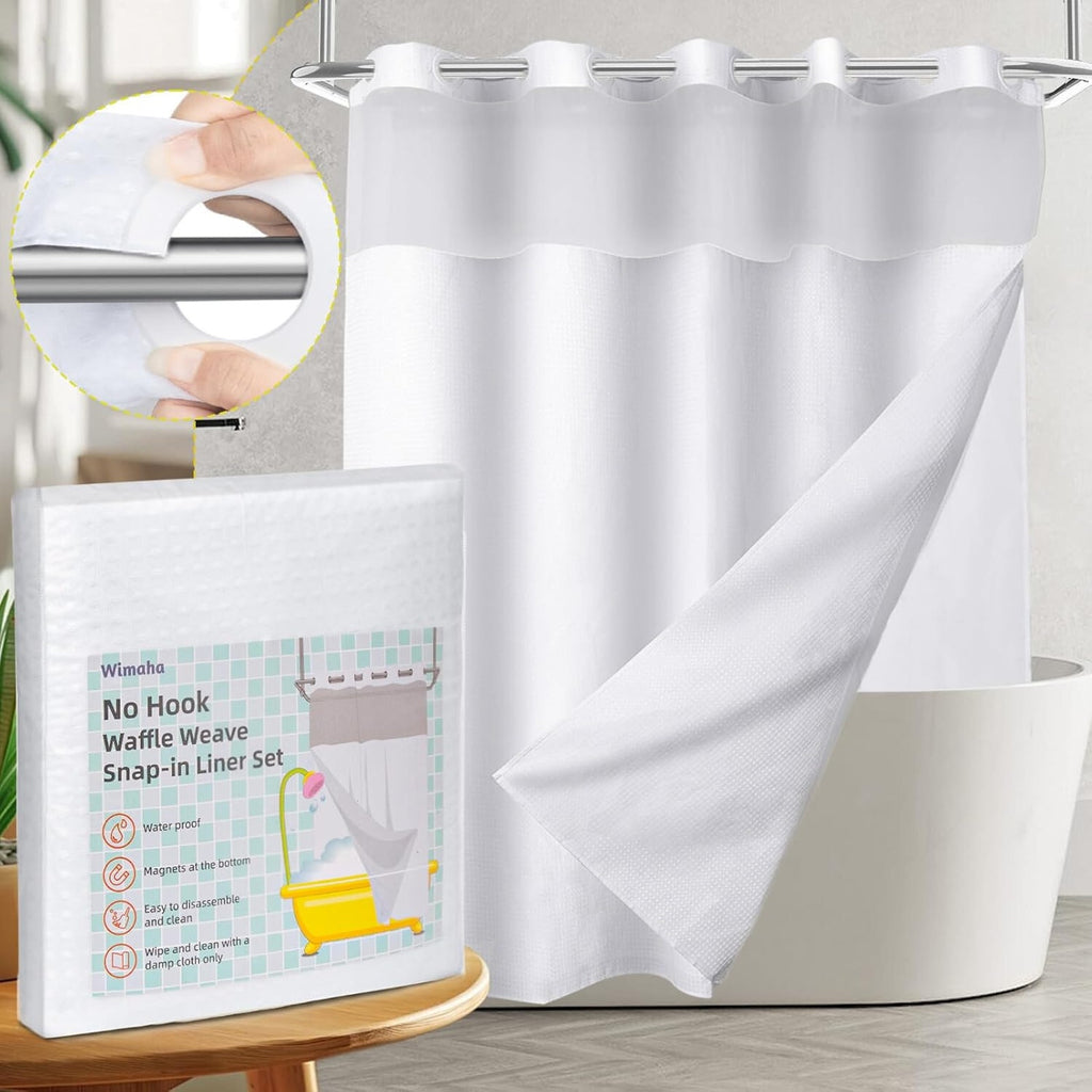 No Hook Waffle Weave Shower Curtain w/Snap in Liner 71" x 74" Hotel Grade White