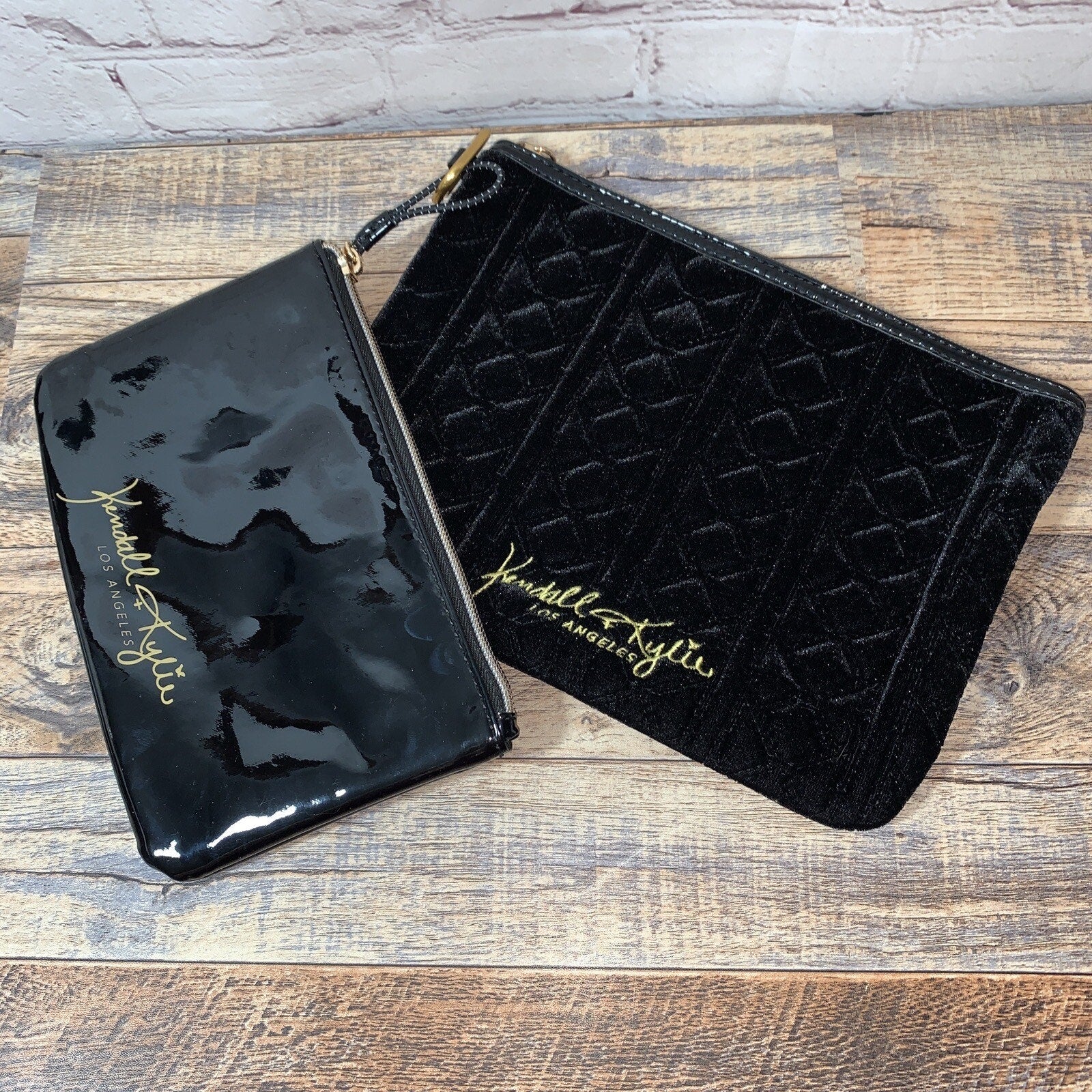 Kendall + Kylie Envelope Clutch Cosmetic Zip Pouch Gift Pack Black Patent Velvet