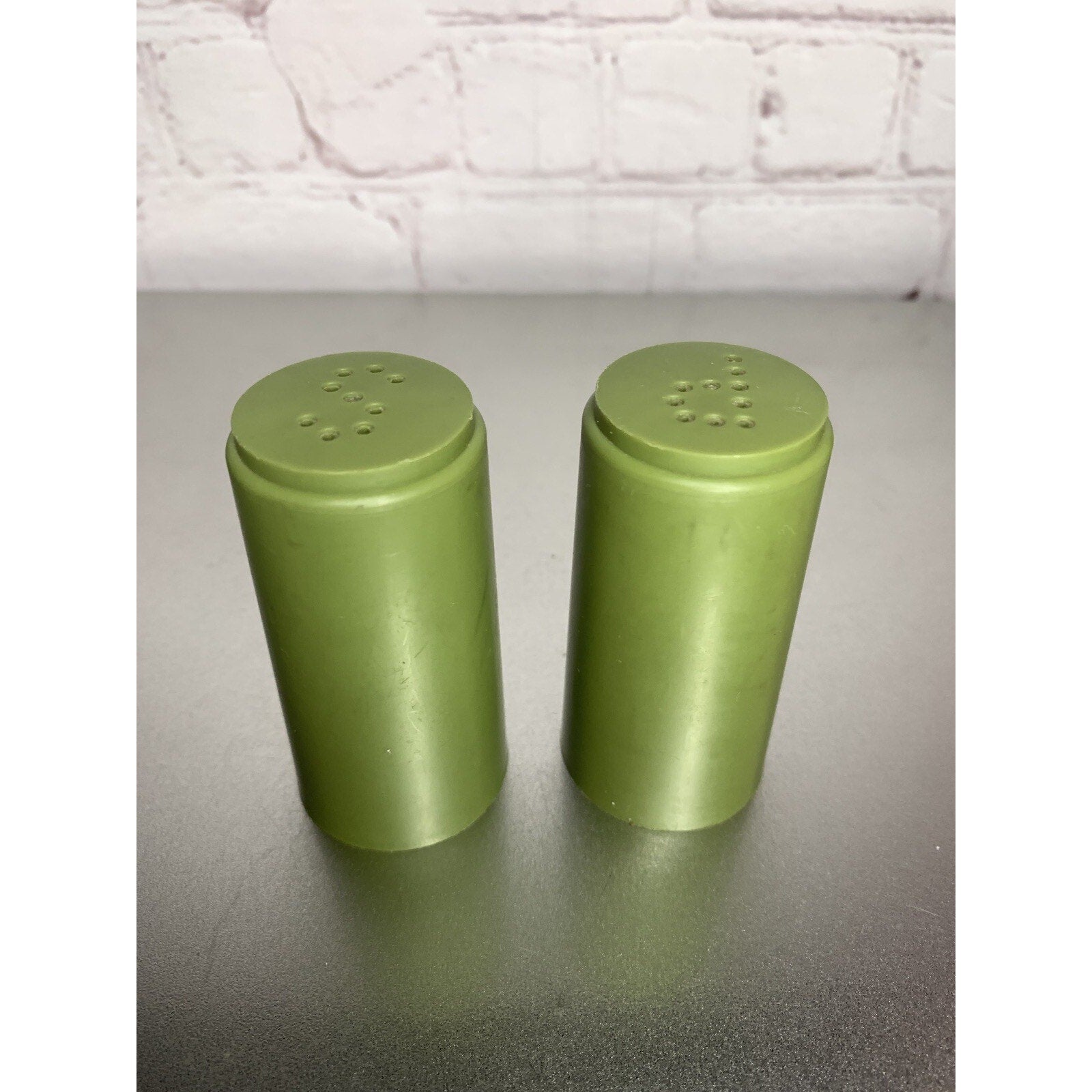 Vintage MCM Olive Green Plastic Salt & Pepper Shakers Retro