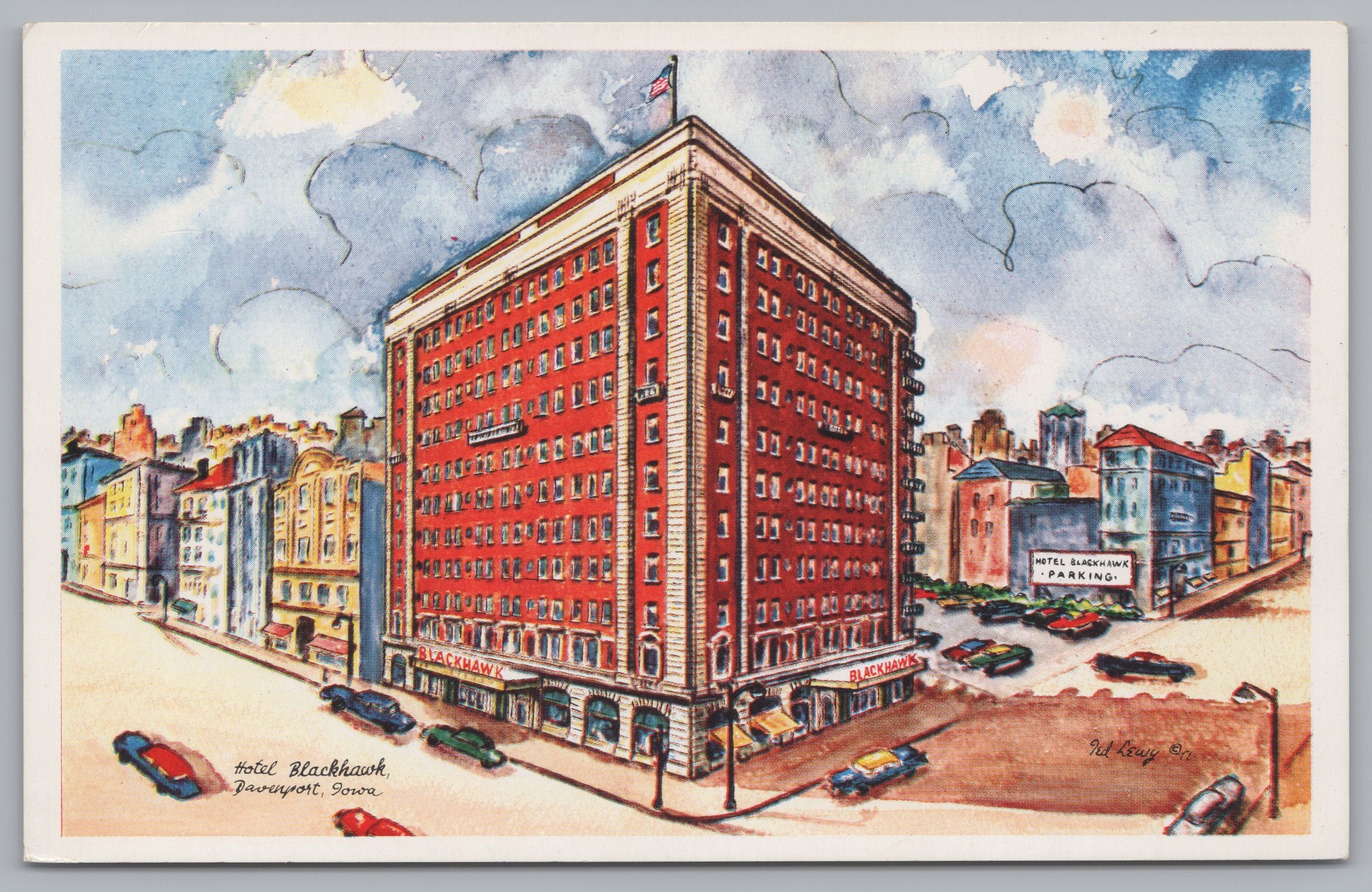 Painting Of The Blackhawk Hotel, Davenport, Iowa, USA, Vintage Post Card.