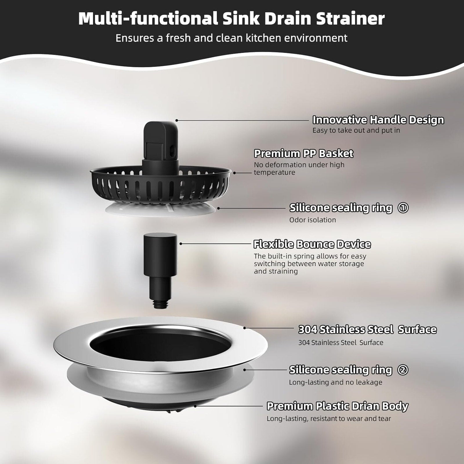 Universal 3 in 1 Kitchen Sink Drain Strainer with Sink Stopper, Chrome Stainless