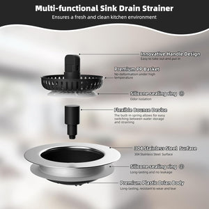 Universal 3 in 1 Kitchen Sink Drain Strainer with Sink Stopper, Chrome Stainless