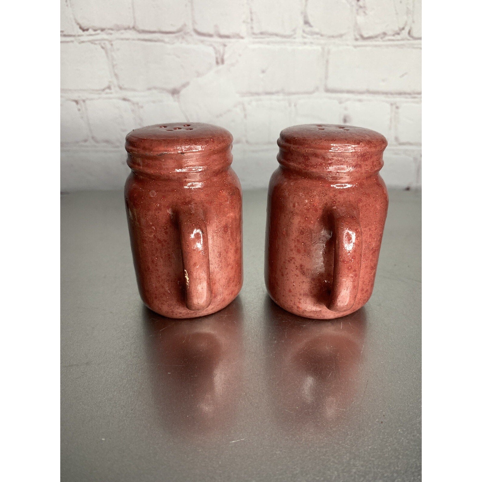 Vintage Mason Jar Ceramic Speckled Coated Salt & Pepper Shakers Burgundy