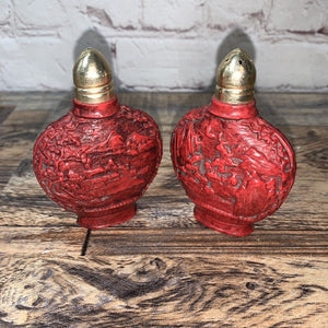 Vtg RED Chinese Asian Embossed Plastic Salt & Pepper Shakers Hong Kong