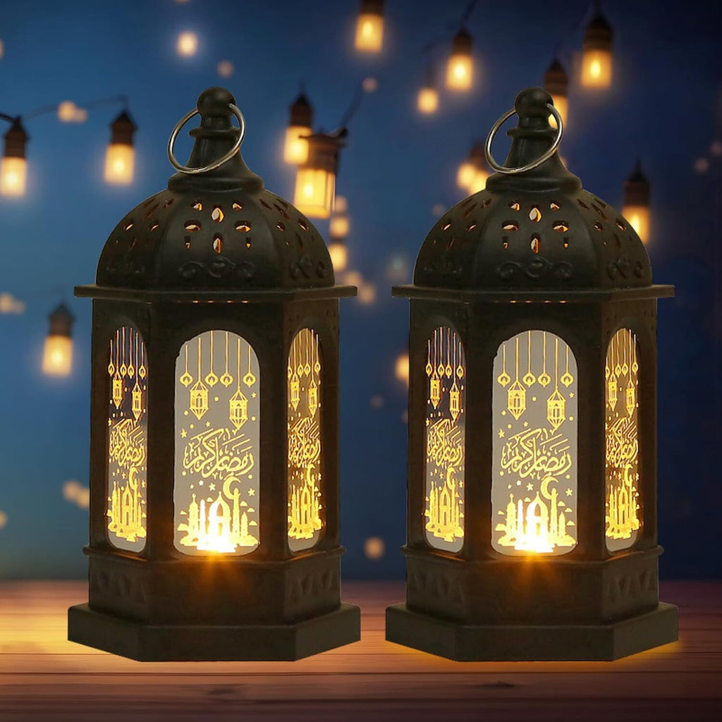 2 Pieces Ramadan Lanterns 5.2"h Retro Hanging Lamp, Tabletop, Transparent Glass