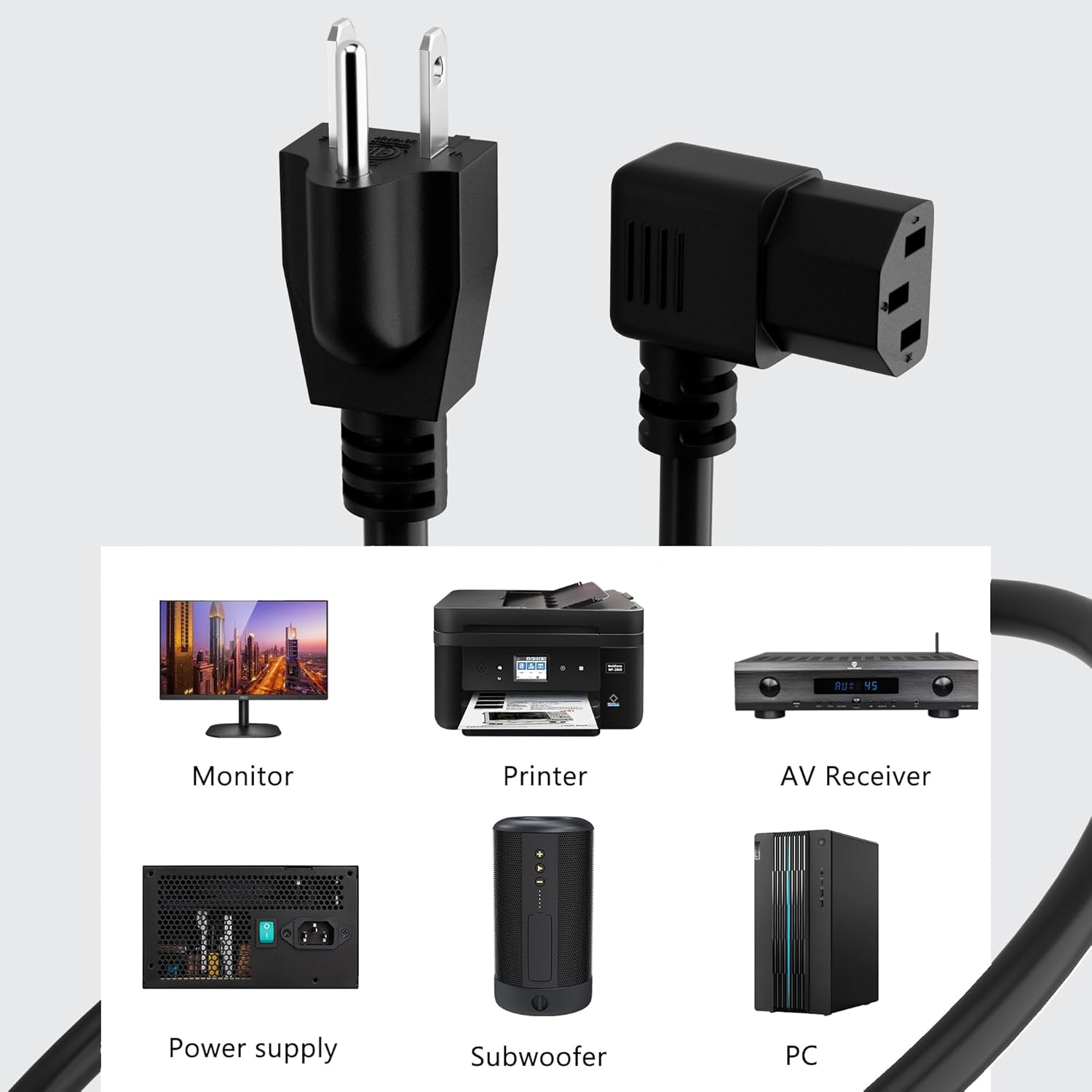 3-Prong Straight to 90 Degree Angled Plug Replacement Power Cord 15 Ft, Heatproof Flexible Durab