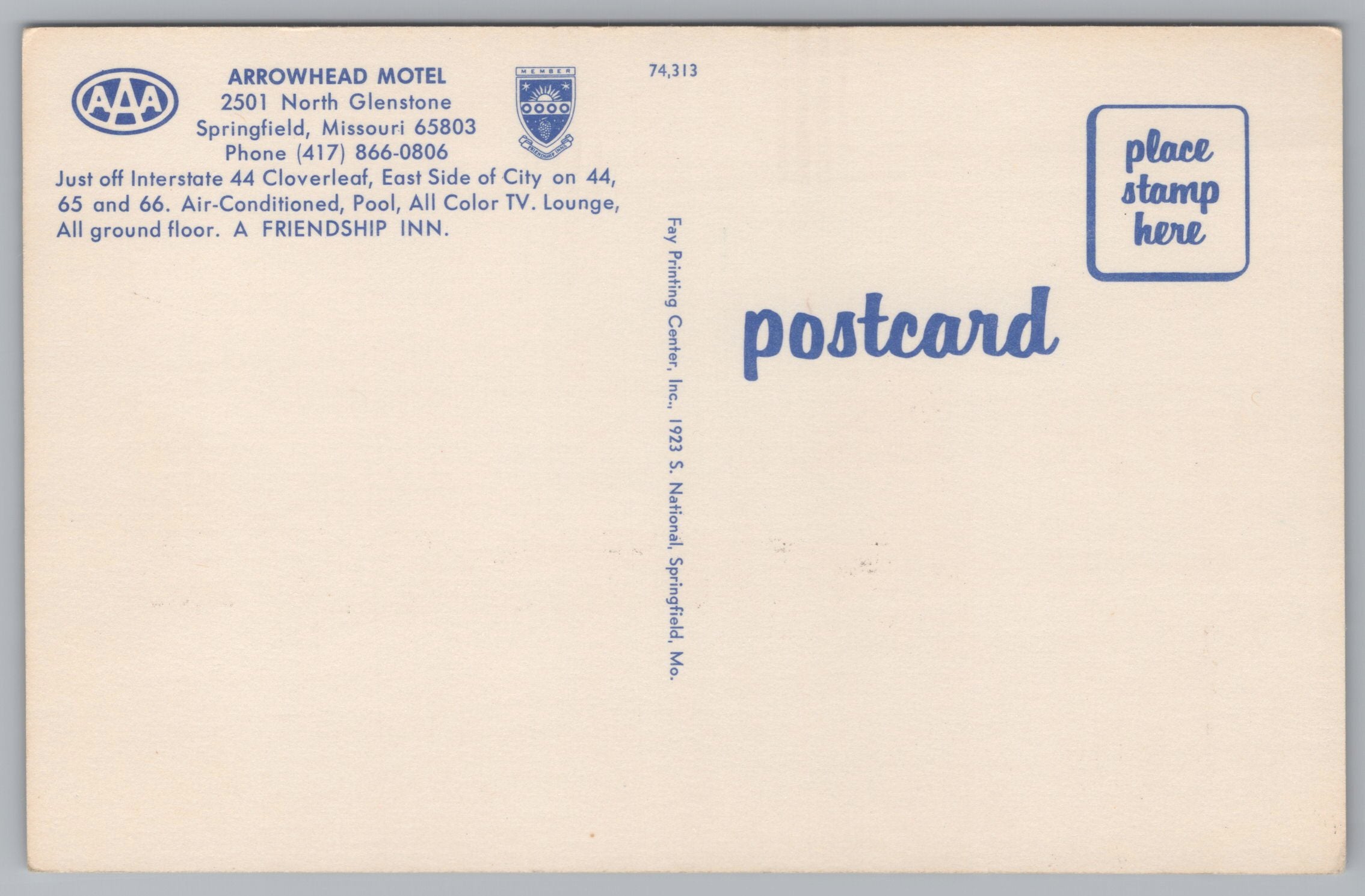 Arrowhead Motel, North Glenstone, Springfield, Missouri, USA, Vintage Post Card