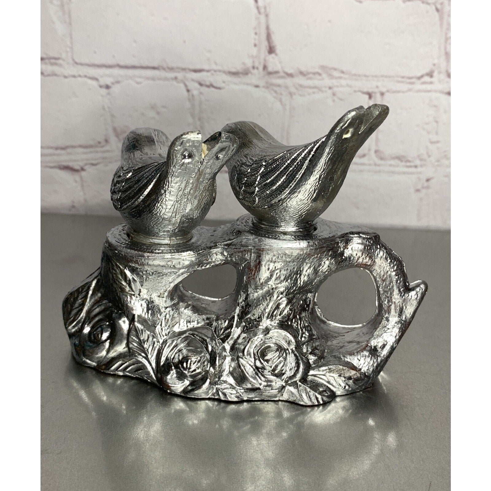 Vintage Silver Plastic Bird Salt & Pepper Shakers Tree Branch Caddy