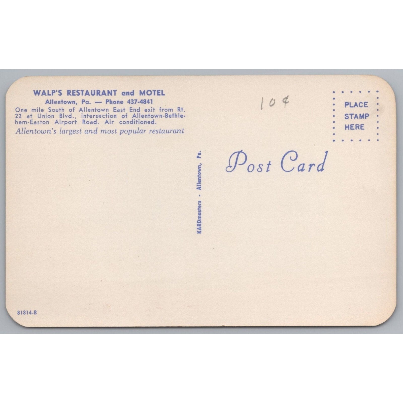 Walp’s Restaurant And Motel, Allentown, Pennsylvania, Vintage Post Card.