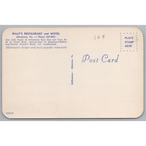 Walp’s Restaurant And Motel, Allentown, Pennsylvania, Vintage Post Card.